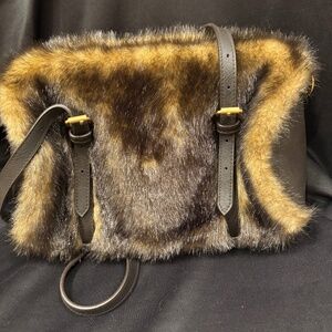 Faux Fur & Leather Shoulder Bag – Brown/Gold, Leopard Lining